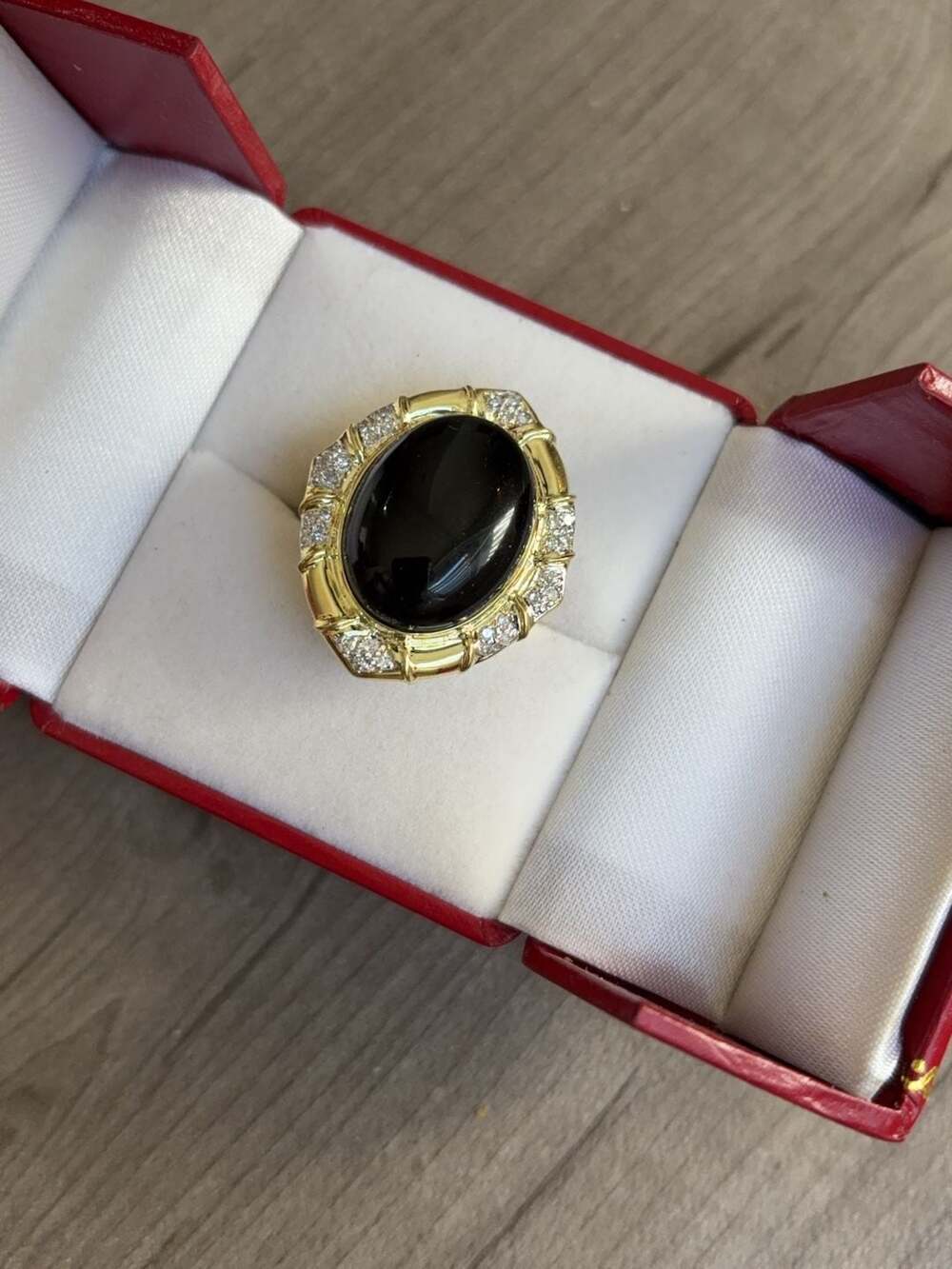 Vintage 14K Yellow Gold Oval Cabochon Black Onyx and Diamond Statement Cocktail